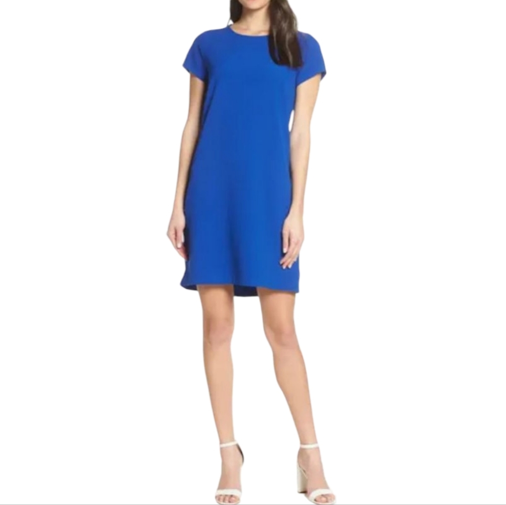 Chelsea 28 Women's Size Extra Small XS Dress Blue Shift Crepe Short Sleeve